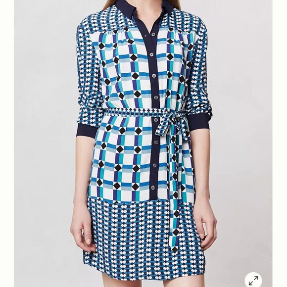 Anthropologie Maeve mini shirt dress Womens 6 geometric blue white preppy spring - Picture 1 of 11